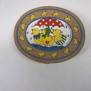 Vintage 1981 Lynn Gates Wood Oval Box - Rainy Day Baby Chicks 5.5” x 4.5” x 2”